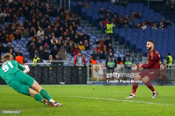 Mario Hermoso of AS Roma scores his team's third goal past Lukas Hornicek of SC Braga during the UEFA Europa League 2024/25 League Phase MD6 match...