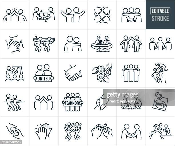 stockillustraties, clipart, cartoons en iconen met unity and solidarity thin line icons - editable stroke - icons include people working together, friends united, arm around shoulders, teamwork, couples, solidarity, unanimity, like minded, cooperation, coordination, harmony - high five