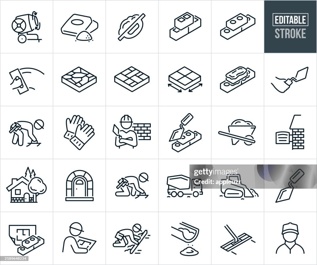 Masonry Thin Line Icons - Editable Stroke - Icons Include Masons, Bricklayers, Stonework, Stoneworker, Bricks, Cement, Concrete, Concrete Finisher, Concrete Workers, Brick House, Cement Truck, Cement Mixer, Construction Worker, Contractor