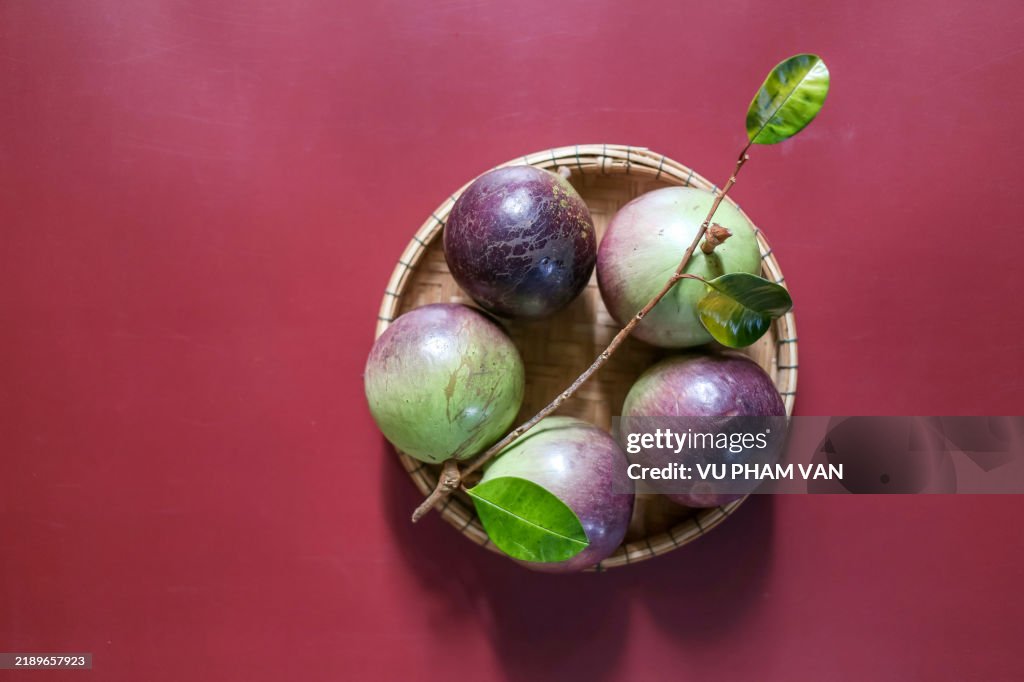 Star apple tropical fruits on burgundy colored background