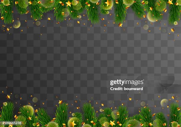christmas decoration border with pine branches, golden glittering confetti, and sparkles of blurred bokeh lights on transparent background. - fairy-lights-transparent-background stock illustrations