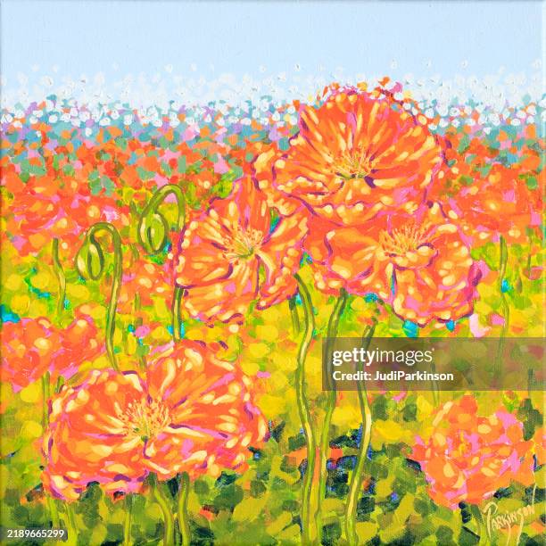 field of poppies impressionist acrylic painting - impressionism art stock illustrations