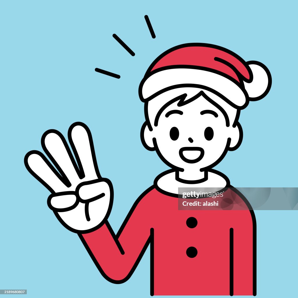 An innocent boy in a Christmas suit, smiling happily, gesturing for the number three hand sign, looking at the viewer, minimalist style, black and white outline