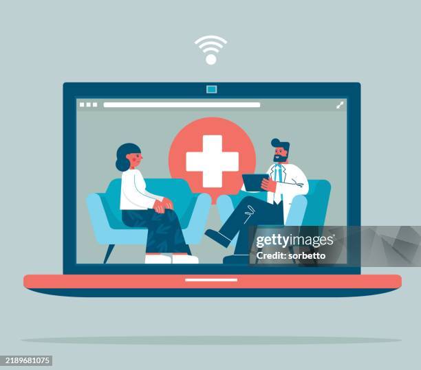 online psychotherapy - laptop - remote support stock illustrations