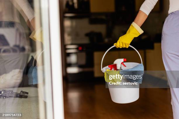 woman cleaning her home , spring cleaning - balde imagens e fotografias de stock
