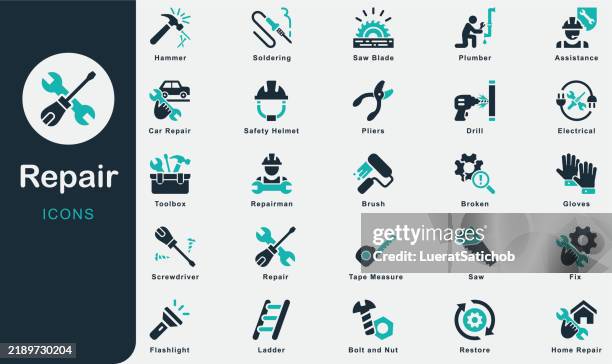 stockillustraties, clipart, cartoons en iconen met repair and tools solid icons collection.containing hammer, screwdriver, fix, bolt, nut, nails, screws, toolbox, home repair, car repair, plumber, soldering, drill, saw, saw blade, tape measure, brush - hamer handgereedschap