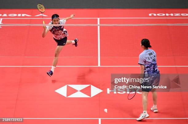 An Se Young of South Korea competes in the Women's Singles Round Robin match against Han Yue of China on day 3 of the 2024 BWF World Tour Finals at...