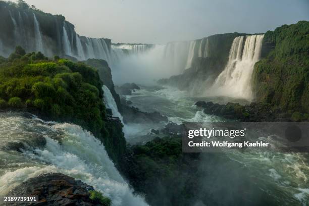 View from observation platforms on the Brazilian side of the Iguassu Falls on the Argentinian side, Iguassu National Park, Iguassu, Brazil.