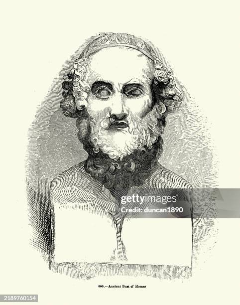 ancient bust of homer an ancient greek poet who is credited as the author of the iliad and the odyssey, two epic poems that are foundational works of ancient greek literature - greek ethnicity stock illustrations