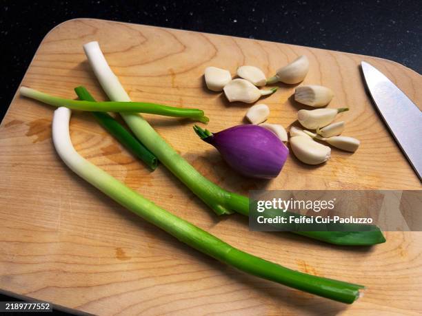 close-up of onion, garlic, spring onion for cutting - chopping garlic stock pictures, royalty-free photos & images