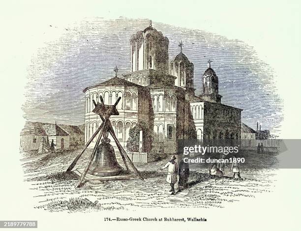 history of architecture, russo greek church at bucharest, wallachia, 1840s, 19th century vintage illustration - orthodox cathedral of saint peter and saint paul bucharest stock illustrations