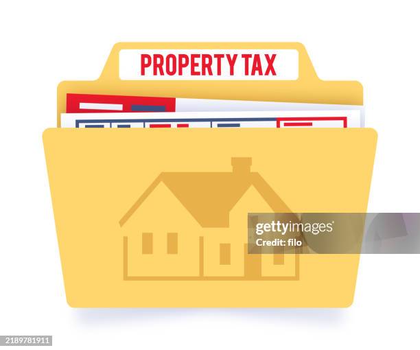 bildbanksillustrationer, clip art samt tecknat material och ikoner med property tax home house documents records manilla documents file folder - skatt
