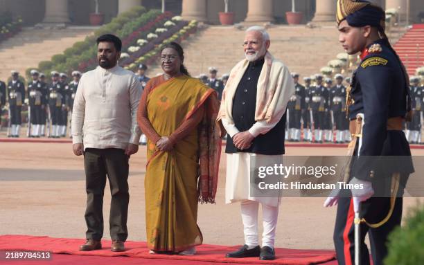 Anura Kumara Dissanayake, Sri Lanka's president, President Droupadi Murmu, and Prime Minister Narendra Modi, during a ceremonial reception at the...