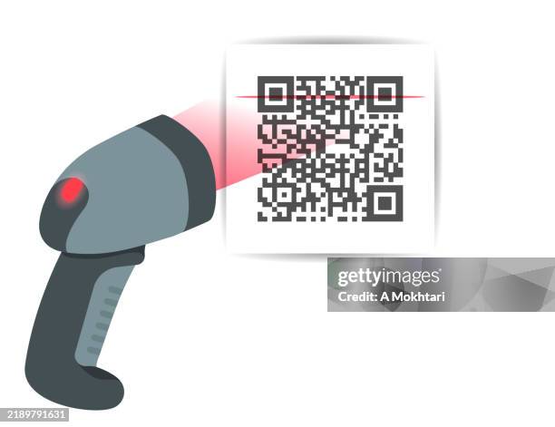 scannen sie einen qr-code mit einem barcode-scanner. - strichkodeleser stock-grafiken, -clipart, -cartoons und -symbole