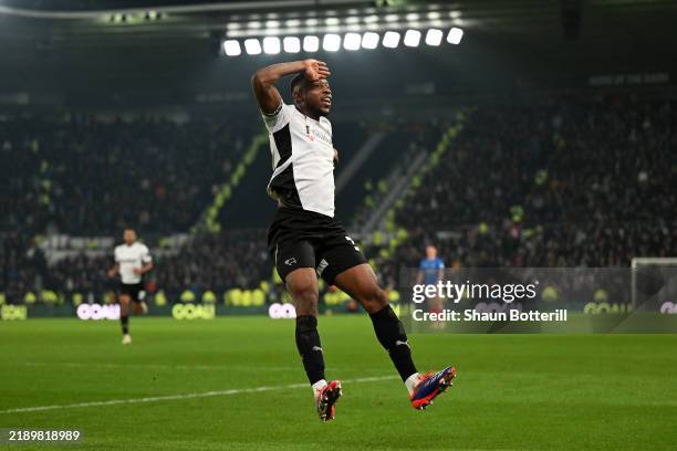 Ebou Adams of Derby County celebrates after scoring his side's third goal during the Sky Bet Championship match between Derby County FC and...
