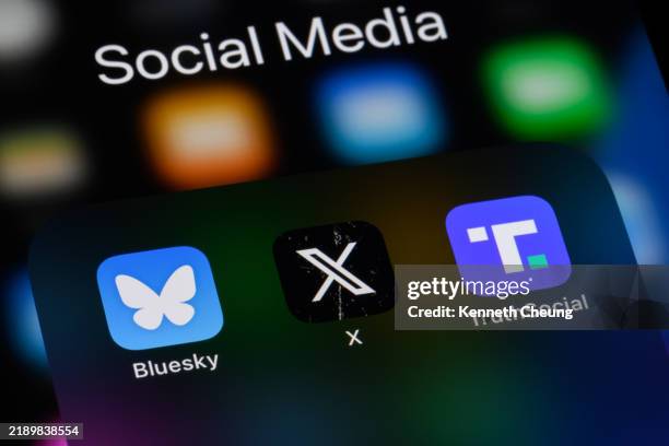 social media platforms - bluesky, x, truth social - nome de marca imagens e fotografias de stock