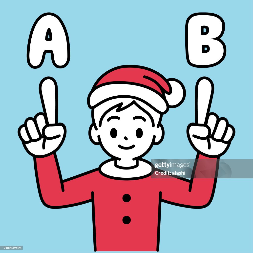 An innocent boy in a Christmas suit, smiling and greeting happily, his fingers pointing at different options, comparing A and B, looking at the viewer, minimalist style, black and white outline