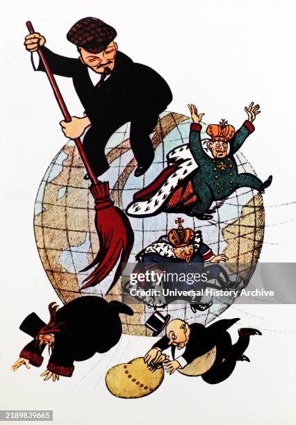 Communist propaganda poster depicting a jaunty Vladimir Lenin wielding a sure broom to sweep from the globe such figures of the old order as Kings, a...