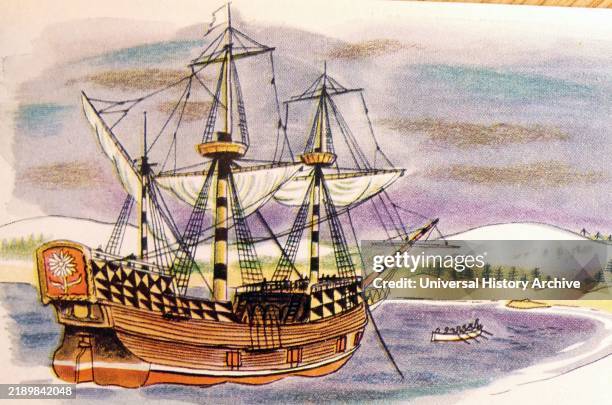 Illustration showing The Mayflower, an English ship that transported the first English Puritans, known today as the Pilgrims, from Plymouth, England...
