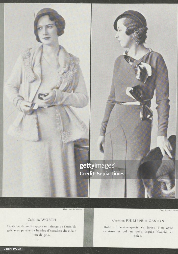 Art - Goût - Beauté, Feuillets de l'élégance féminine, Novembre 1931, No. 135, 12e Année, p. 16, Left: sporty morning suit of gray wool, trimmed with astrakhan bands in the same shade. Design by Worth. Right: sporty morning dress made of blue jersey