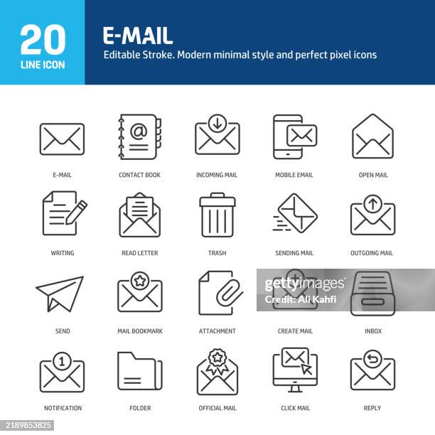 symbole für e-mail-zeilen. bearbeitbarer strich und perfektes pixel auf sauberem weißem hintergrund. enthält eine sammlung von e-mail-, brief- und posteingangssymbolen. vektor-illustration. - adressbuch stock-grafiken, -clipart, -cartoons und -symbole