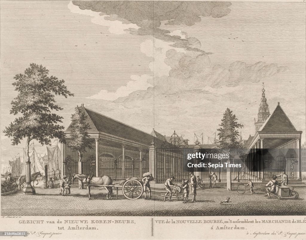View of the Korenbeurs in Amsterdam, View of the Nieuwe Koren-Beurs, to Amsterdam, Vue de la Nouvelle Bourse, ou 'S assemblent les Marchands de Blé, á Amsterdam (title on object), View of the Korenbeurs rebuilt in 1768 at the Damrak in Amsterdam. Various