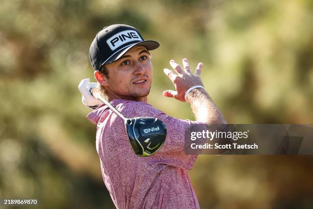 Owen Stamper plays his shot from the eighth tee during the second round of PGA TOUR Q-School presented by Korn Ferry on Dye's Valley Course at TPC...