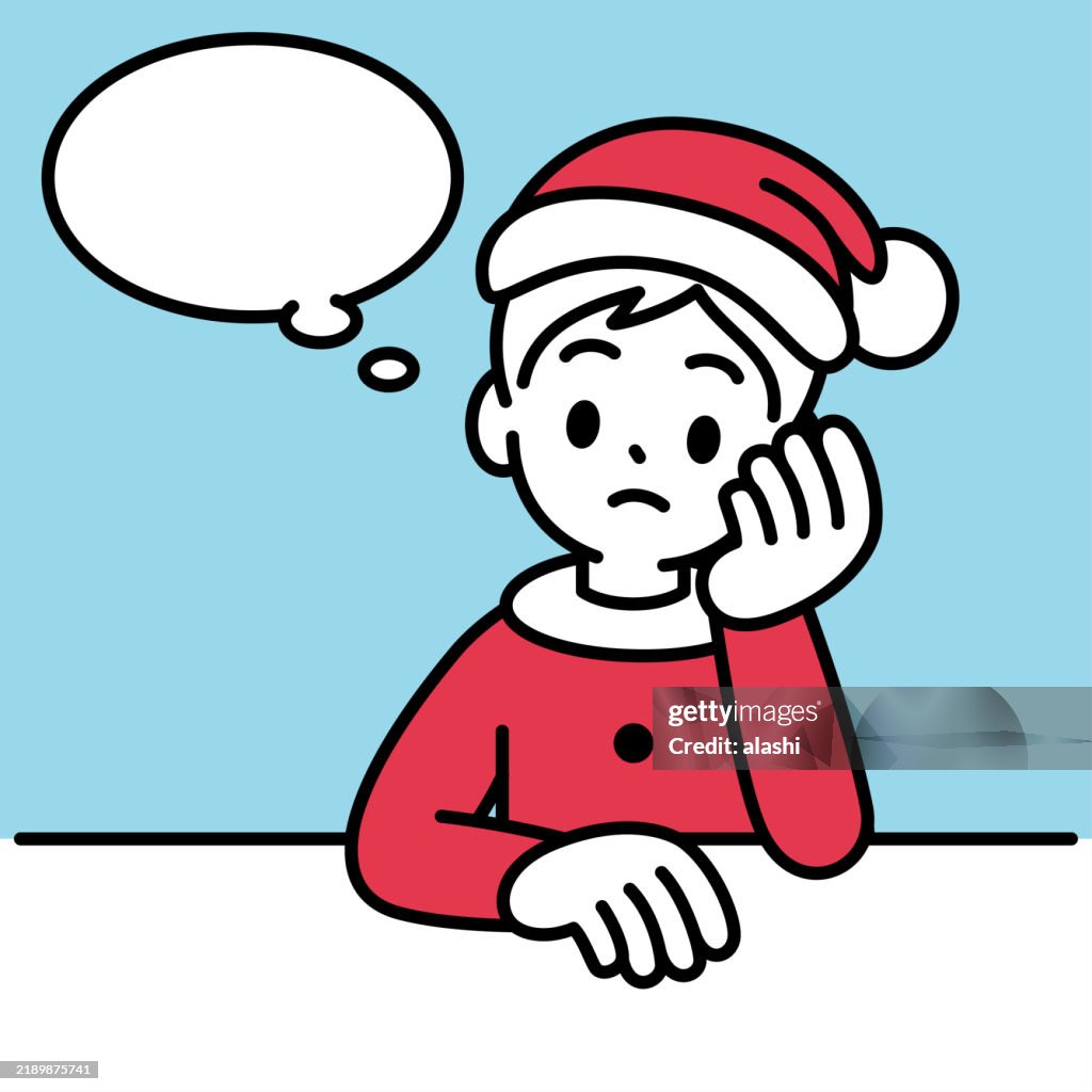 An innocent boy in a Christmas suit, thinking intently, sitting at the table, hands on the chin, head leaning on hand, minimalist style with a black and white outline