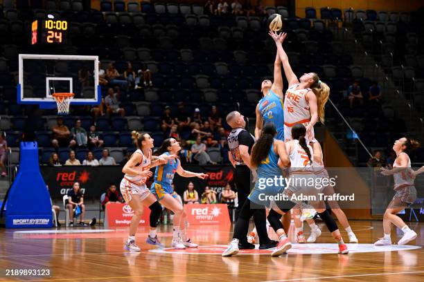 The tip-off between Marianna Tolo of the Spirit and Lauren Cox of the Fire during the round seven WNBL match between Bendigo Spirit and Townsville...