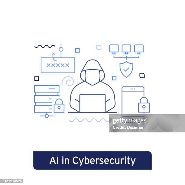 stockillustraties, clipart, cartoons en iconen met ai cybersecurity concept vector illustration. editable stroke vector design. - versleuteling