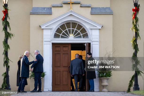 President Joe Biden and First Lady Jill Biden arrive at St. Joseph on the Brandywine for a church service in Wilmington, Delaware, on December 18,...