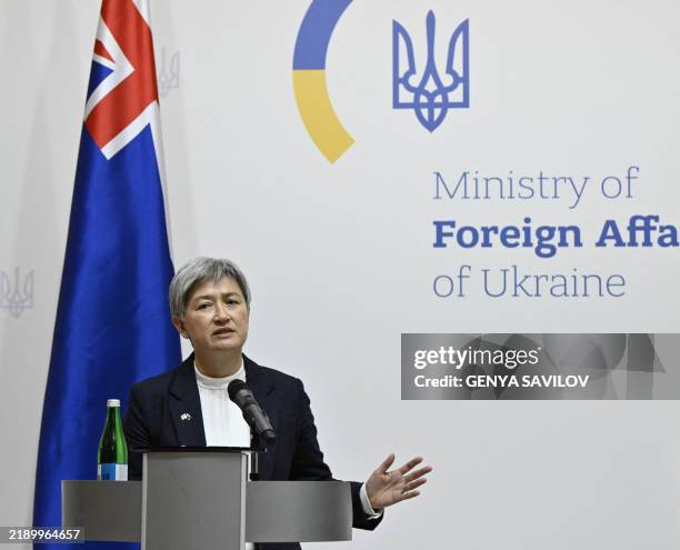 Australia's Minister of Foreign Affairs Penny Wong speaks as she delivers a joint press-conference with Ukraine's Minister of Foreign Affairs...