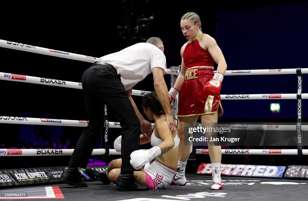 Boxing Colision Lauren Price looks on after knocking down Bexcy Mateus, which later ...