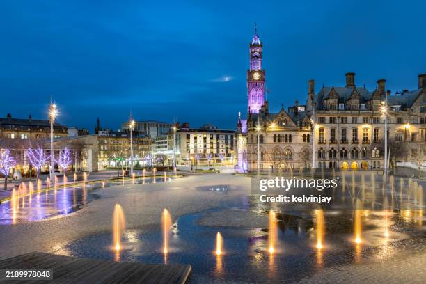 bradford city hall and centenary square at night - local government building stock pictures, royalty-free photos & images
