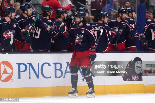 Kirill Marchenko of the Columbus Blue Jackets celebrates a goal during the first period against the Anaheim Ducks at Nationwide Arena on December 14,...
