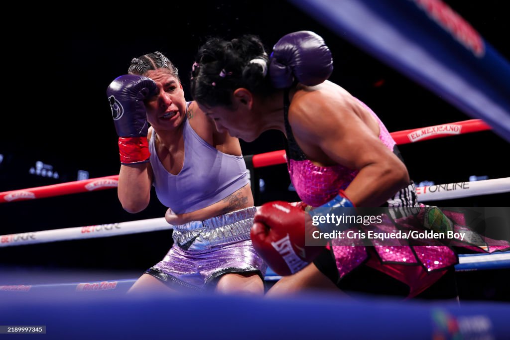 Marlen Esparza lands a punch on Arely Mucino during a fight at Toyota ...