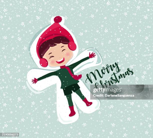 happy kid making snow angel outdoor during winter vector illustration - baby lying on back stock illustrations