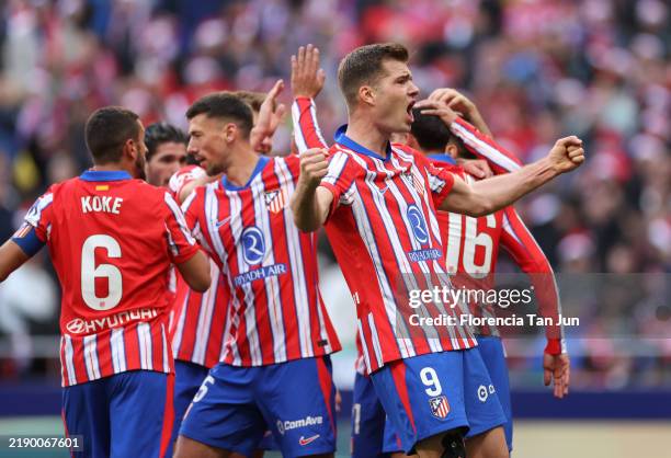Alexander Sorloth of Atletico de Madrid celebrates scoring his team's first goal during the LaLiga match between Atletico de Madrid and Getafe CF at...