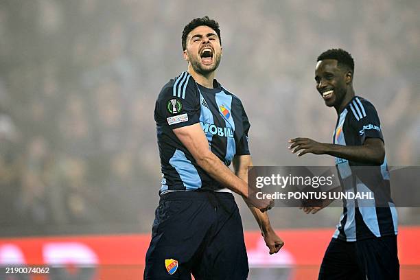 Djurgarden's Deniz Hümmet celebrates after his teammate Patric Aslund scored 3-1 during the UEFA Europa Conference League soccer match between...