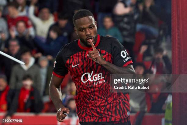 Cyle Larin of RCD Mallorca celebrates scoring his team´s second goal during the LaLiga match between RCD Mallorca and Girona FC at Estadi de Son Moix...