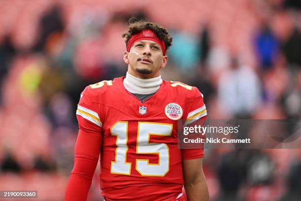 Patrick Mahomes of the Kansas City Chiefs looks on before the game against the Cleveland Browns at Huntington Bank Field on December 15, 2024 in...