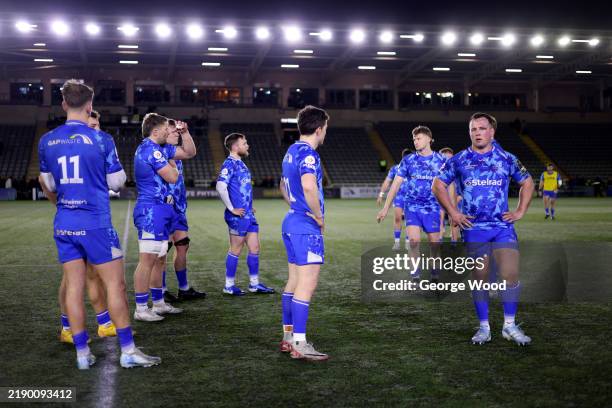 Bryan Byrne of Newcastle Falcons looks dejected with teammates following the EPCR Challenge Cup match between Newcastle Falcons and Dragons RFC at...