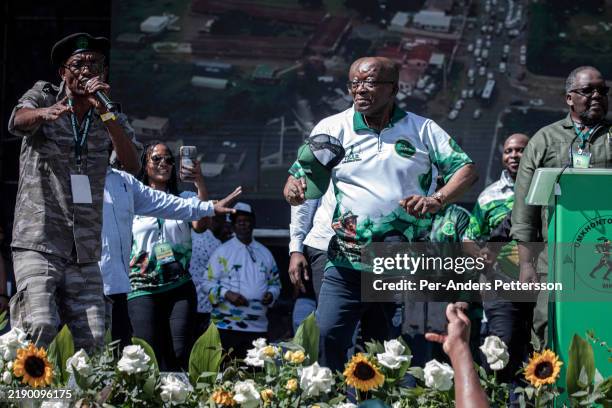 Former South African President Jacob Zuma dances before speaking at the uMkhonto weSizwe first anniversary rally on December 15 at Moses Mabhida...