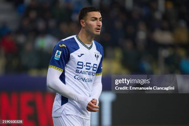 Diego Coppola of Hellas Verona FC looks on during the Serie A match between Parma and Verona at Stadio Ennio Tardini on December 15, 2024 in Parma,...