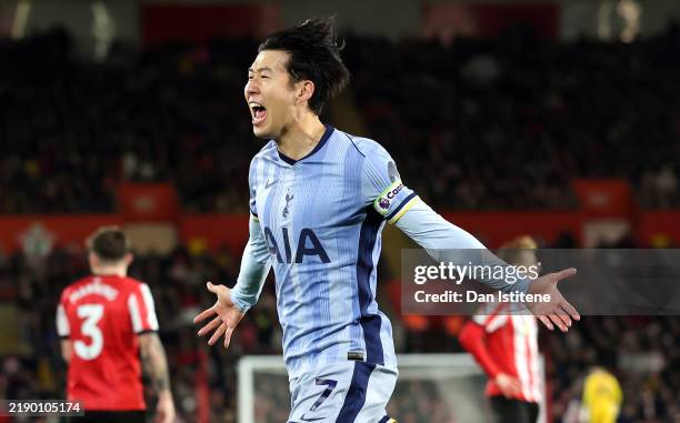 Son Heung-Min of Tottenham Hotspur celebrates scoring his team's second goal during the Premier League match between Southampton FC and Tottenham...