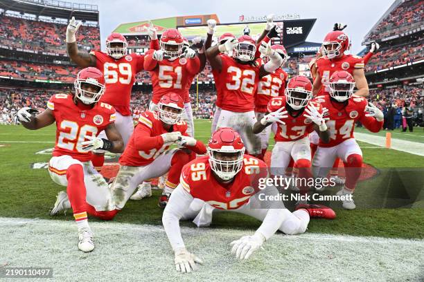 The Kansas City Chiefs celebrate after an interception against the Cleveland Browns during the third quarter at Huntington Bank Field on December 15,...