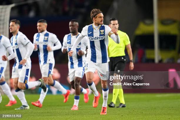 Sergio Gonzalez of CD Leganes celebrates scoring his team's first goal during the LaLiga match between FC Barcelona and CD Leganes at Estadi Olimpic...