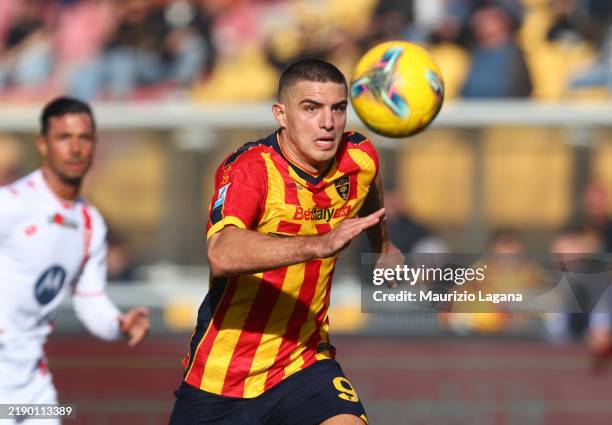 Nikola Krstovic of Lecce during the Serie A match between Lecce and Monza at Stadio Via del Mare on December 15, 2024 in Lecce, Italy.