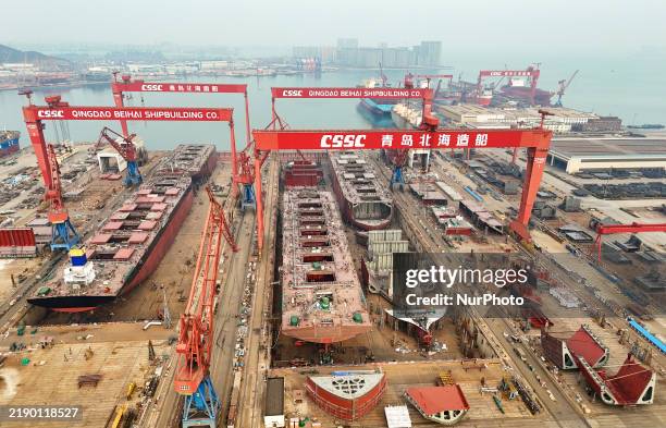 Multiple large ships are under construction simultaneously at China Shipbuilding Corporation Qingdao Beihai Shipbuilding Co., Ltd., in Qingdao,...