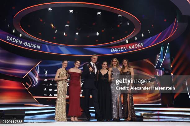Darja Varfolomeev, Oliver Zeidler, Svenja Brunckhorst, Elisa Mevius, Sonja Greinacher and Marie Reichert pose with their "Sportler des Jahres" Gold...